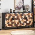60" Geometric Sideboard Buffet Modern Farmhouse Credenza Storage Cabinet with 4 Hexagonal Honeycomb Parquet Doors for Kitchen Living Room Entryway Black & Multi Wood Tone
