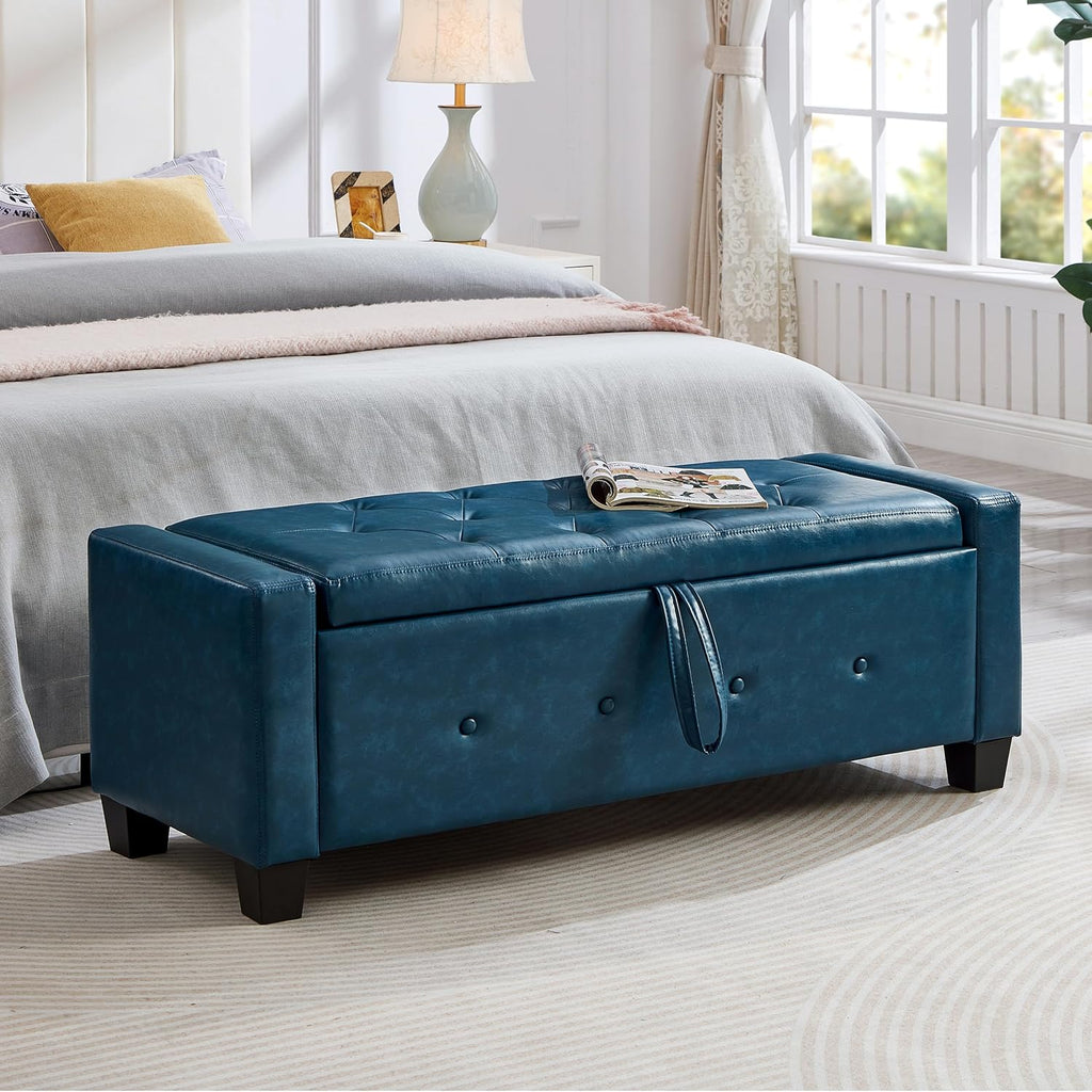 48" Storage Ottoman Bench, Upholstered Tufted Faux Leather End of Bed Bench with Flip Top Storage, Large Bedroom Bench for End of Bed, Entryway Shoe Bench, Living Room Ottoman, PU (Navy Blue)