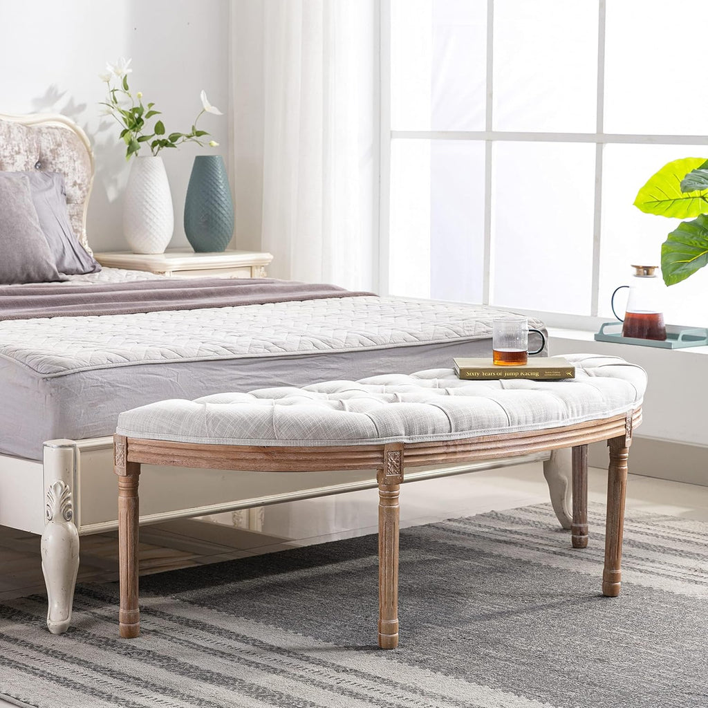 chairus 55" Button Tufted Semi-Circle Dining Bench Linen Halfmoon Entryway Bench Comfy Upholstered Bench Seat for Bay Window/Bedroom End of Bed/Living Room/Indoor, Beige
