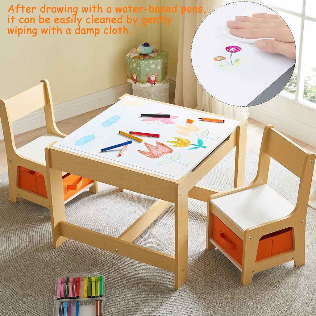 GTOLV Kids Table and Chair Set, 3 in 1 Wooden Activity Table with Storage Drawer for Toddlers Drawing, Reading, Crafts, 2 in 1 Detachable Tabletop Table Set for Nursery, Playroom (Natural)