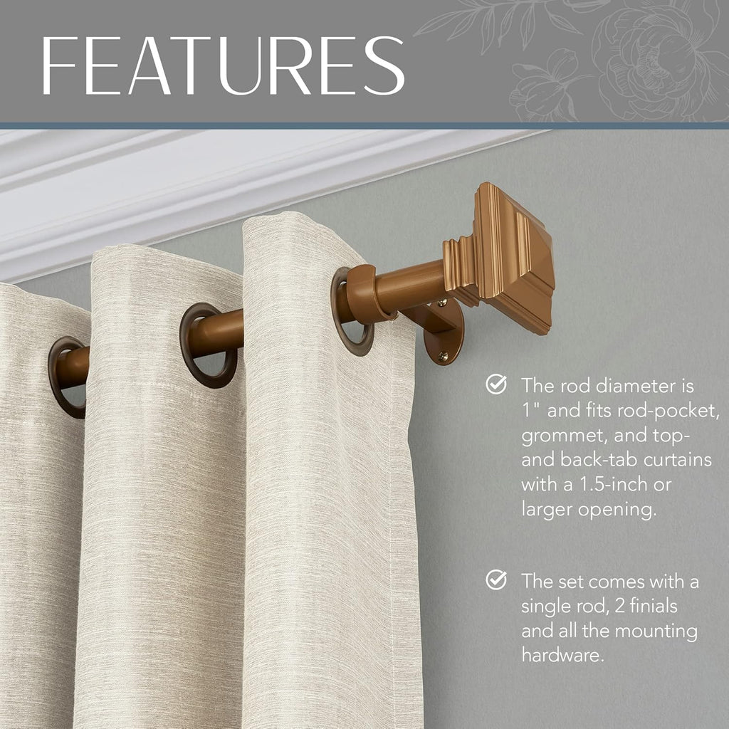 Elrene Home Fashions Florence Single Curtain Rod with Stacked Square Finials, 1" Diameter, (Soft Gold), (48X86)