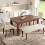 Merax 6-Piece Dining Set, Rectangle Kitchen Table with 4 Upholstered Chairs & Bench, Ideal for Dining Room and Living Room, Walnut
