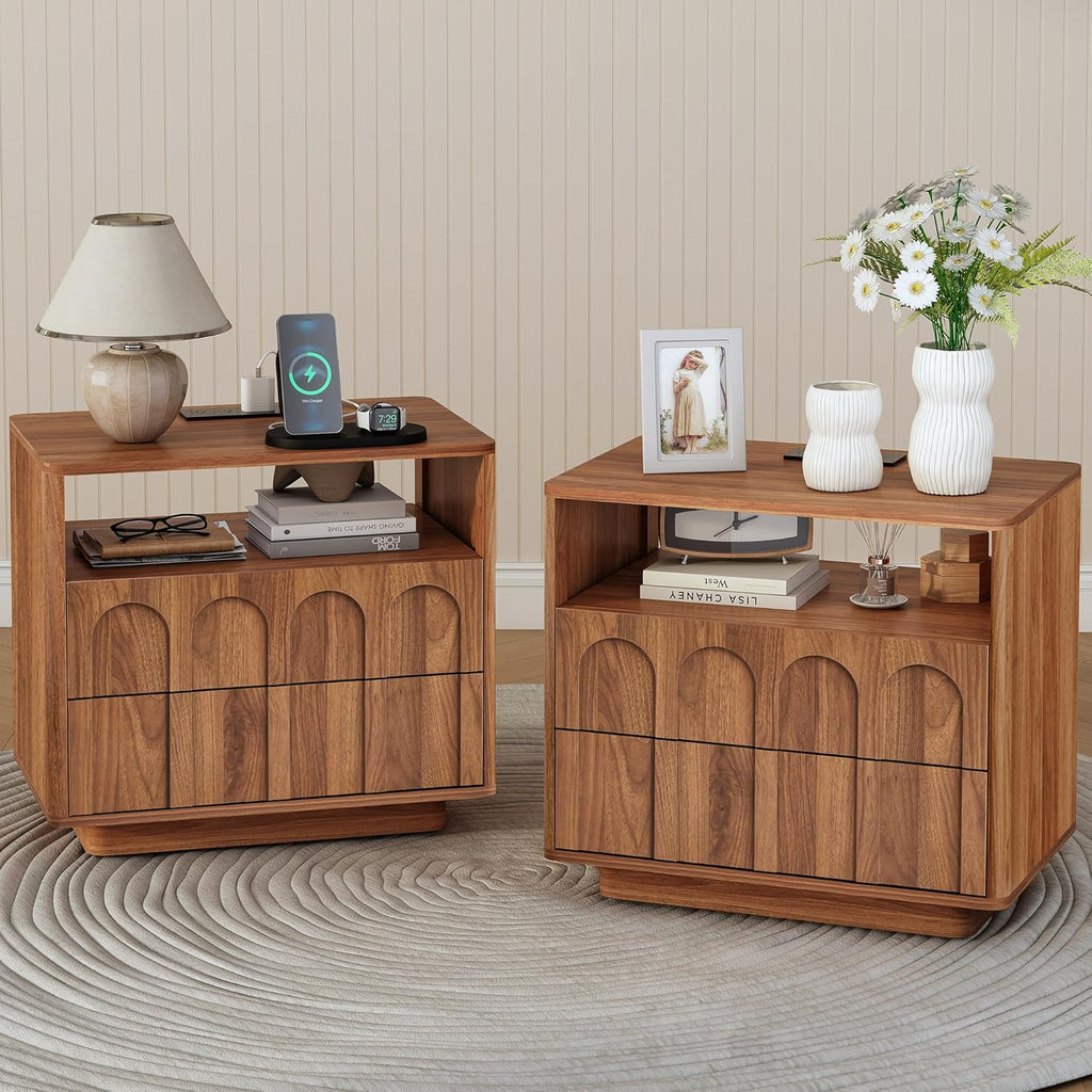 FurSch Mid Century Modern End Table with Charging Station Set of 2, 23.62” Wide Wood End Table & Nightstand with Arch Design Panel and Curved Edge for Living Room, Bedroom (Walnut-2 pcs)