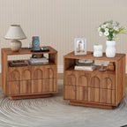 FurSch Mid Century Modern End Table with Charging Station Set of 2, 23.62” Wide Wood End Table & Nightstand with Arch Design Panel and Curved Edge for Living Room, Bedroom (Walnut-2 pcs)