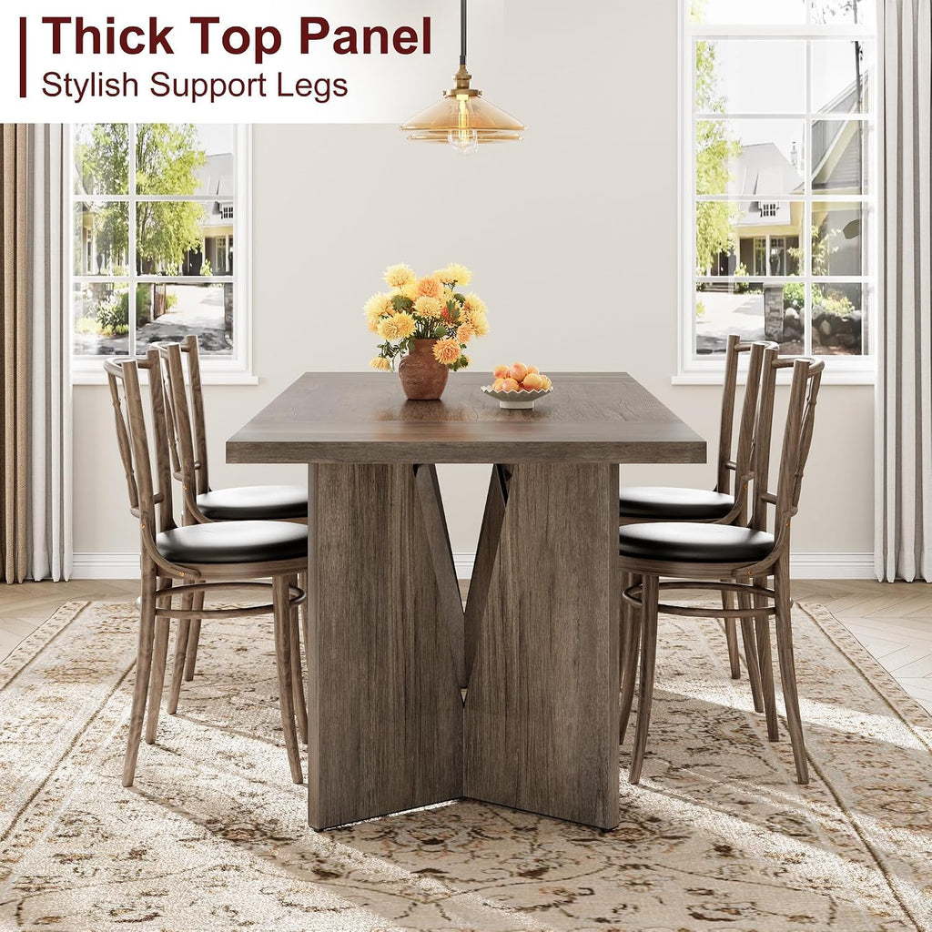 70.9'' Rectangular Dining Table for 6-8, Farmhouse Wooden Thickened Long Desk with Sturdy Frame and v Leg, Rectangular Kitchen Table for Dining Room, Kitchen, Living Room, Office, Grey
