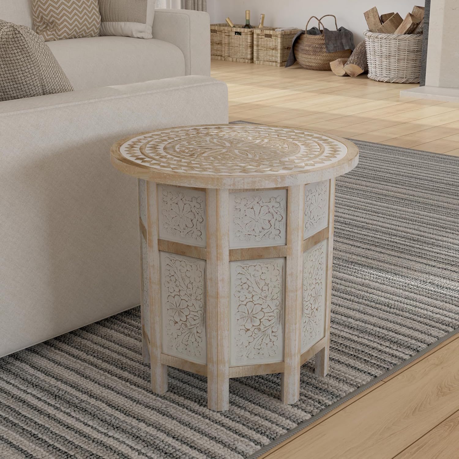 Benzara Accent Side Table, 18 Inch Round Mango Wood Top, Hand Carved Mandala Design, Natural Brown Finish, Rustic Accent End Table for Living Room, Bedroom, Entryway and Home Decor Display