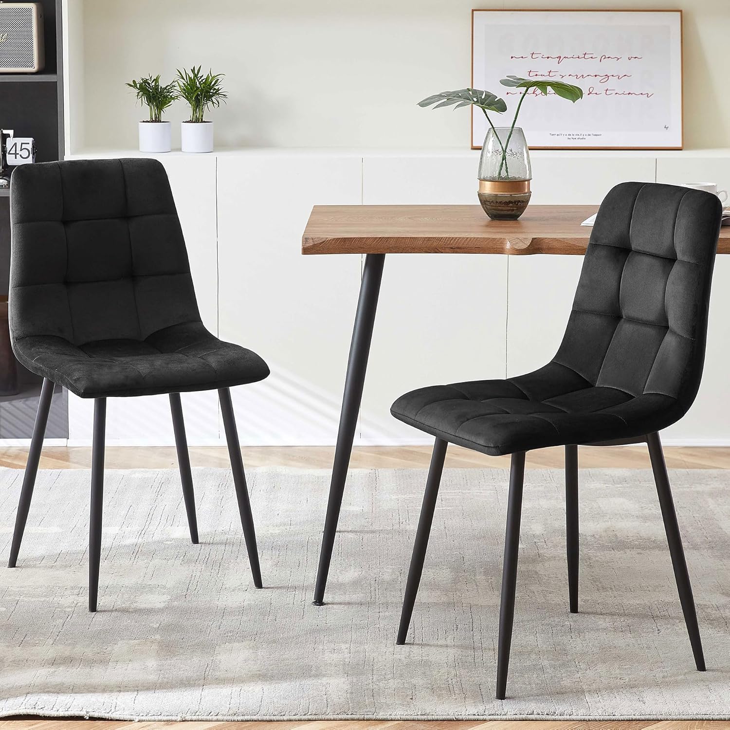 NORDICANA 5-Piece Dining Table Set, 47 in Modern Irregular Rectangle Kitchen Table & 4 Black Velvet Upholstery Side Chairs, Metal Legs, Dining Room Set for 4