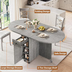 Jocoevol Round Folding Dining Table for 4, Space Saving Drop Leaf Kitchen Table with Storage Drawer, 6 Wheels Oval Gateleg Foldable Dining Table for Small Spaces(Grey 47 * 23.6 * 30)