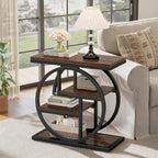 Tribesigns End Table for Living Room, Wooden Narrow Side Table with Storage Shelves & Wide Tabletop, Industrial Geometric Bedside Sofa Tables with Metal Frame for Bedroom, Small Spaces, Rustic Brown