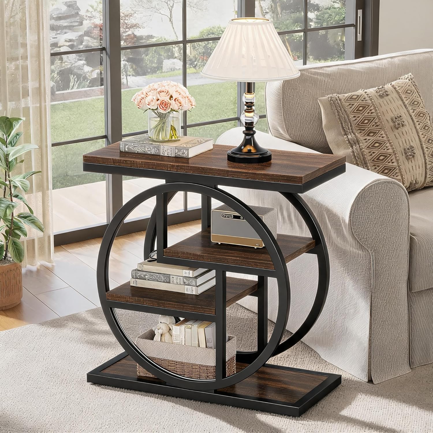 Tribesigns End Table for Living Room, Wooden Narrow Side Table with Storage Shelves & Wide Tabletop, Industrial Geometric Bedside Sofa Tables with Metal Frame for Bedroom, Small Spaces, Rustic Brown