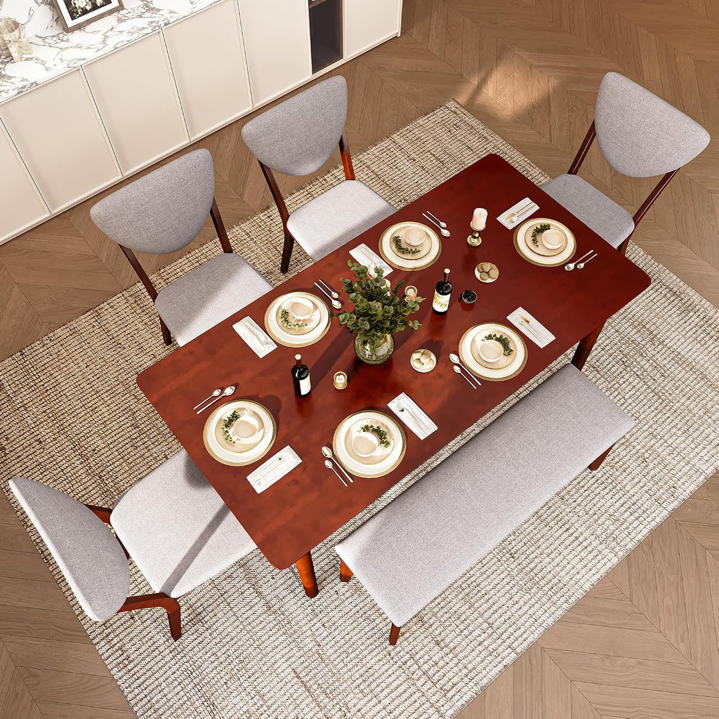 Ahomly 6-Piece Dining Table Set for 6, Solid Rubberwood Table with Bench & 4 Upholstered Linen Chairs, Rectangular, Dark Cherry Finish (Grey Cushions)