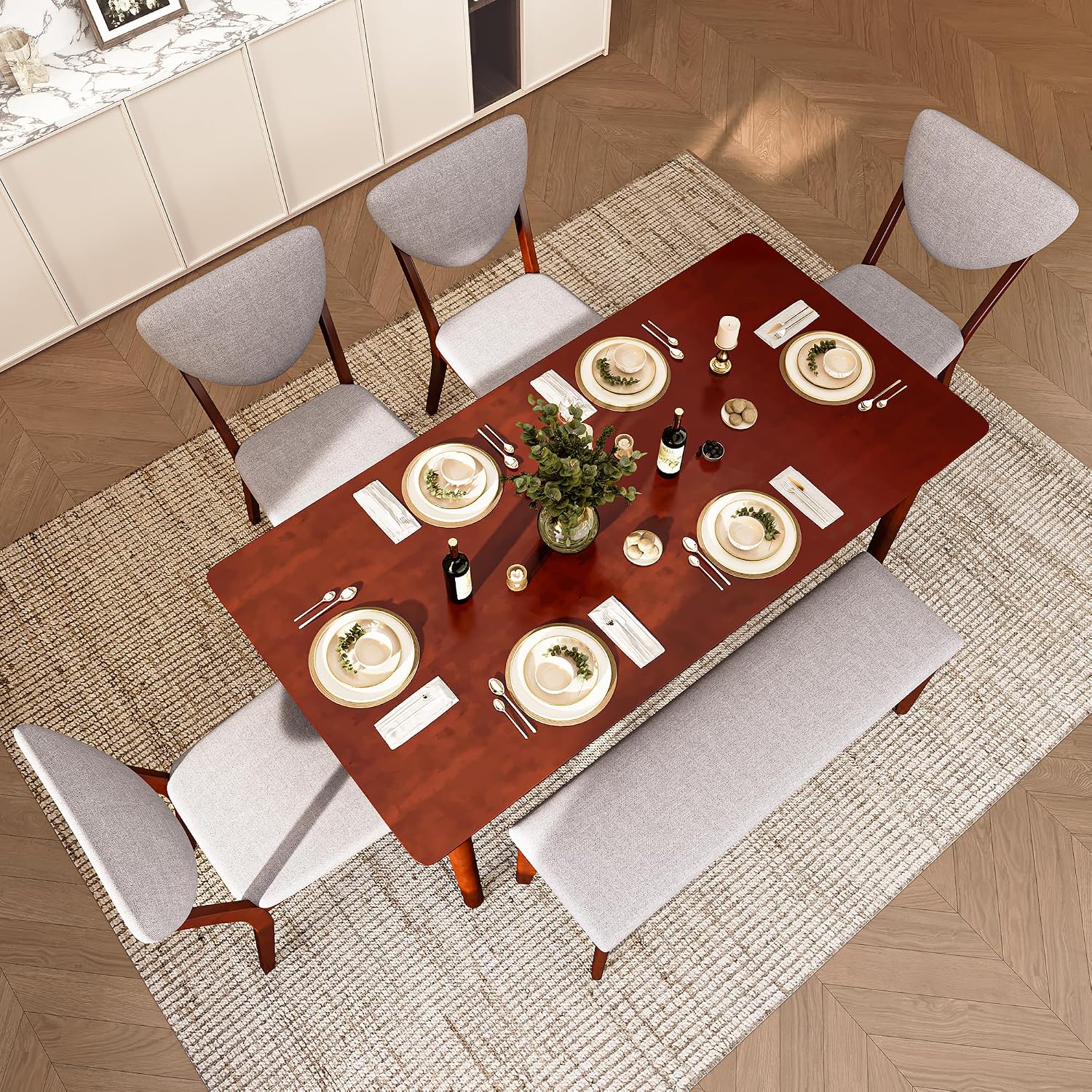 Ahomly 6-Piece Dining Table Set for 6, Solid Rubberwood Table with Bench & 4 Upholstered Linen Chairs, Rectangular, Dark Cherry Finish (Grey Cushions)