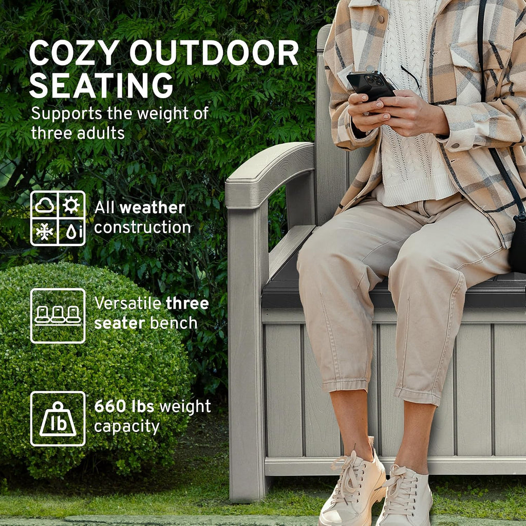 EconoHome 3 Seat Outdoor Storage Bench with Rain Cover - 90 Gallon Capacity - Weatherproof Resin Bench for Patio, Porch, Garden, Yard, Pool Area - Furniture for Pool Accessories, Gardening Tools