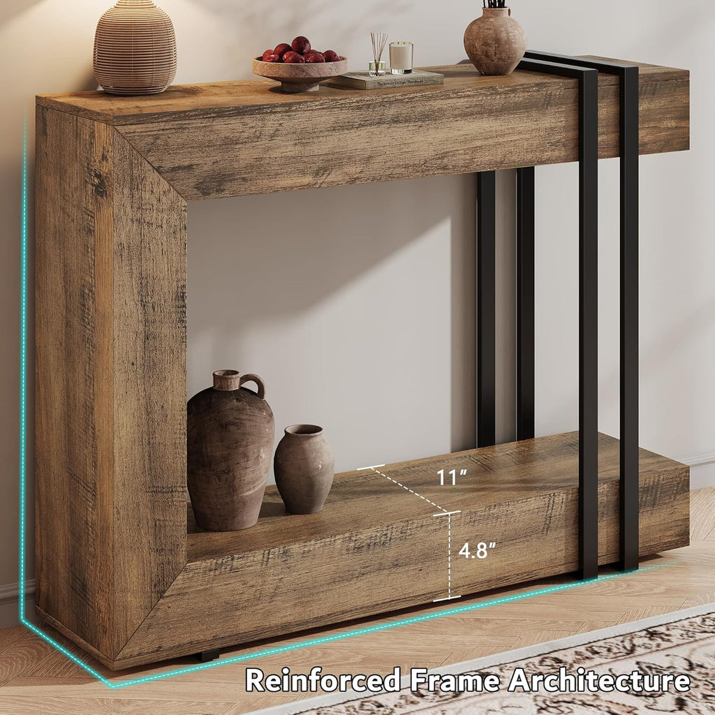 iPormis 42.5-Inch Console Table for Entryway, 2-Tier Sofa Table Behind Couch, Wood Entry Table with Storage & Metal Lines Base for Living Room, Hallway, Foyer, Rustic Brown