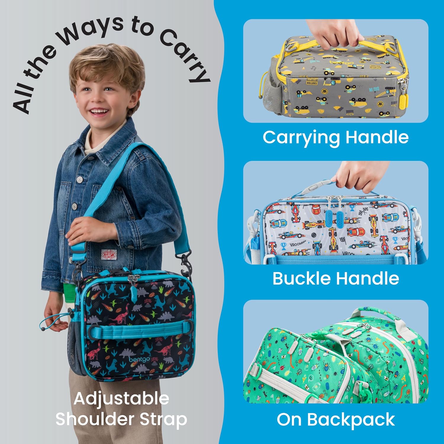 Bentgo Kids Prints Lunch Bag - Double-Insulated, Reusable, for Kids 3+, Adjustable Strap; Holds Lunch Box/Water Bottle/Snacks; Easy-Clean, Water-Resistant, Pockets (NEW Race Cars)