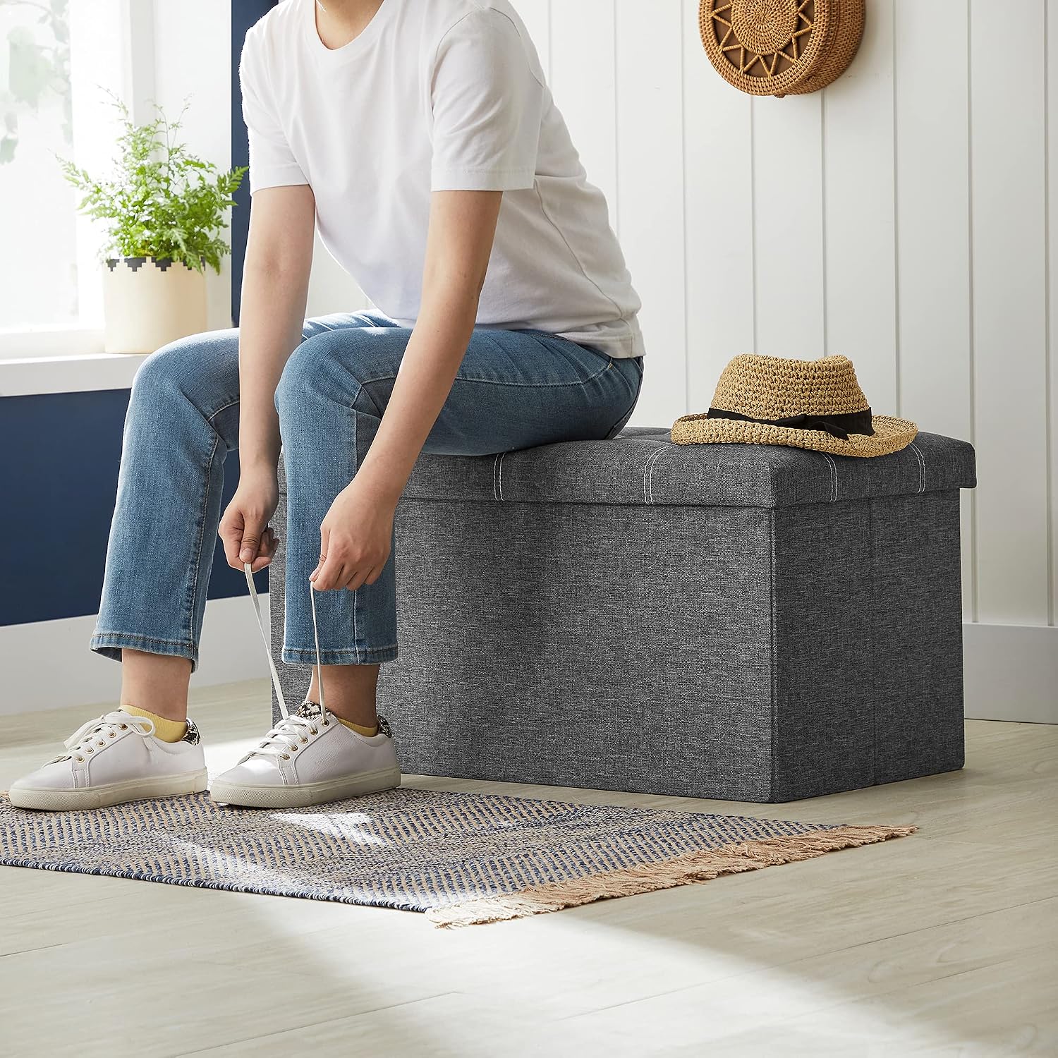 SONGMICS Mazie Collection - 30 Inches Ottoman Storage Bench, 21 Gal. Folding Chest with Breathable Linen-Look Fabric, Load up to 660 lb, for Entryway, Living Room, Bedroom, Dark Gray ULSF001G01