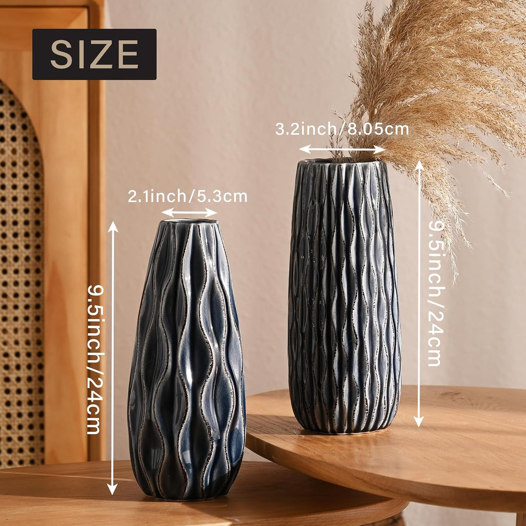 VICTOR & TERESA Ceramic Vase for Flowers, 10'' Set of 2 Decorative Blue Vases for Home Decor, Farmhouse Vases for Pampas Grass, Table, Mantel, Living Room, Shelf, Centerpieces, Gifts for Mom