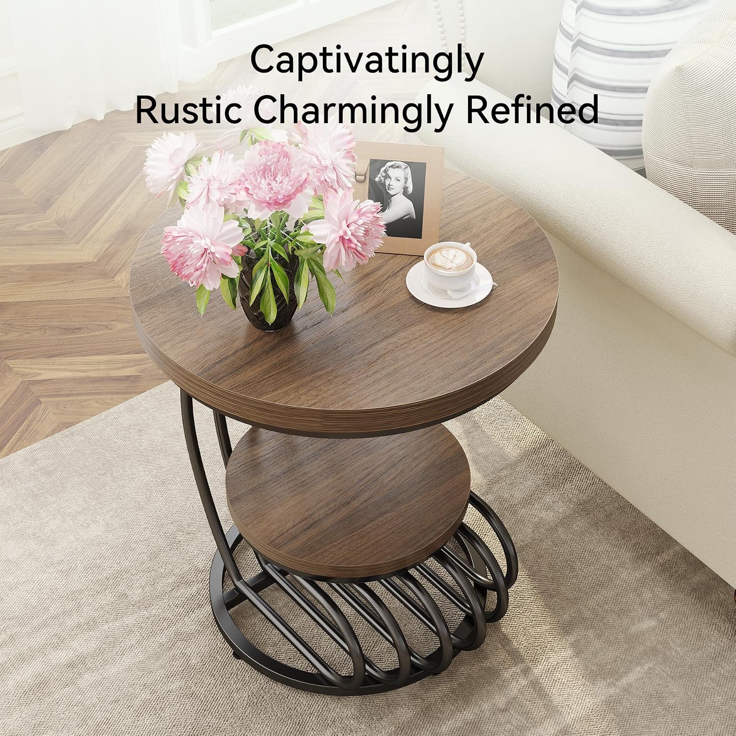 LITTLE TREE Round Side Table, Wood End Table with 2-Tier Storage Shelf, Accent Coffee Table, Creative Curved Metal Frame End Table for Small Spaces, Living Room, Bedroom, Light Brown + Black