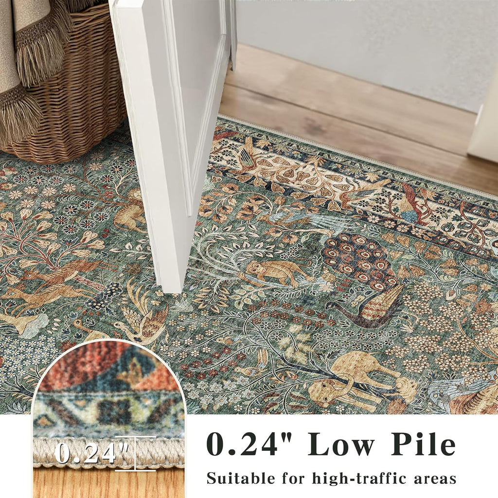 5x7 Washable Area Rug, Vintage Animals Print Boho Rug, Non Slip Low Pile Stain Resistance Floor Carpet for Living Room Bedroom Dining Room Nursery Home Decor