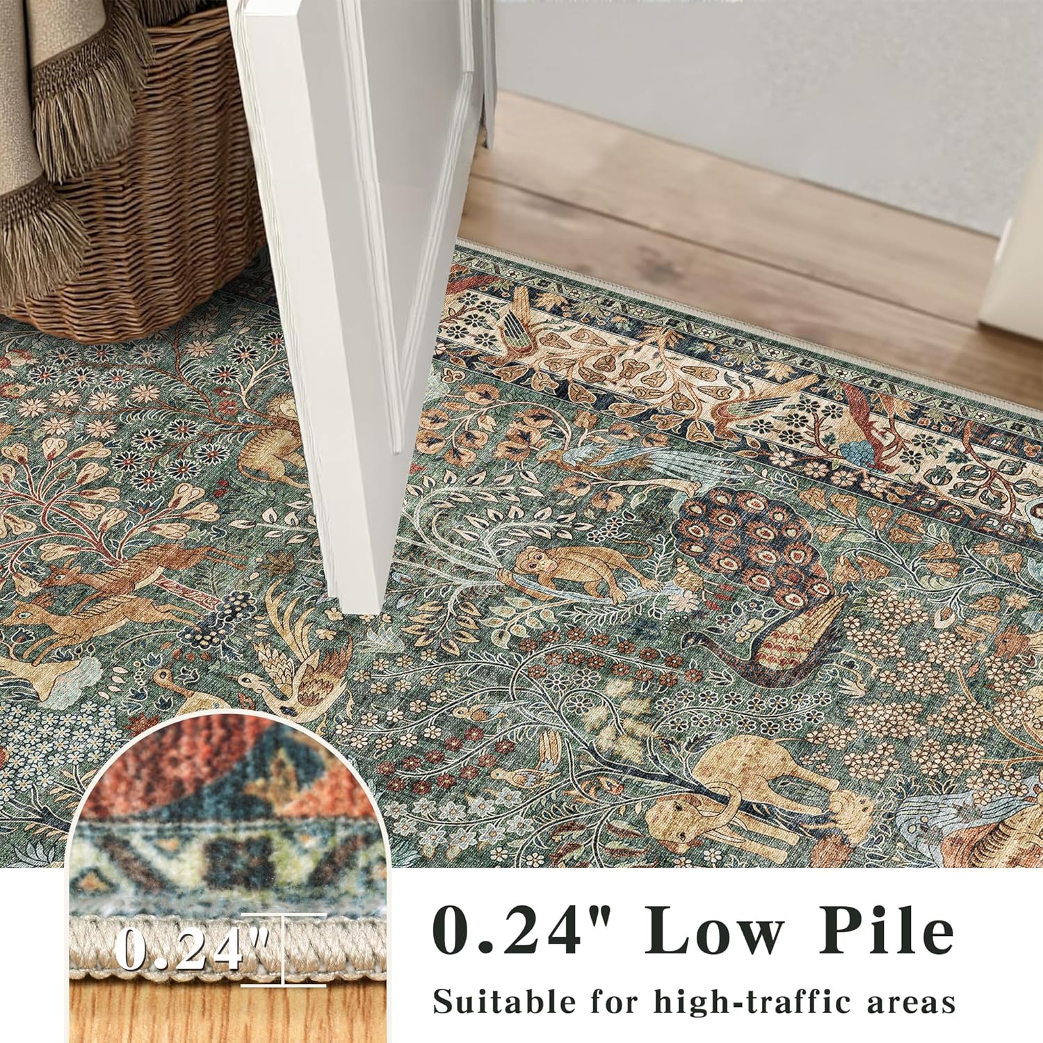 Runner Rug 2’6″x 8’ Animal Botanical Print Area Rug Vintage Kitchen Rugs Low Pile Non Slip Stain Resistant Hallway Runners Whimsical Long Carpets for Living Room Bedroom, Laundry Dorm, Green
