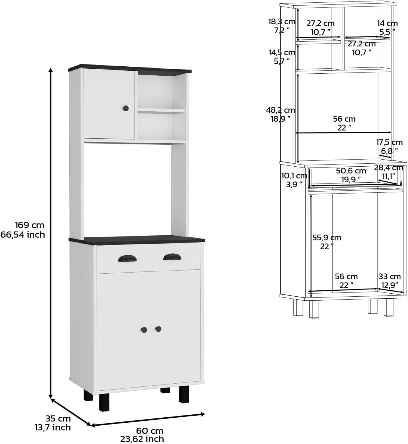 Waco 67" H Kitchen Pantry with Two Cabinets, Two Open Shelves, and One Drawer,White/Black
