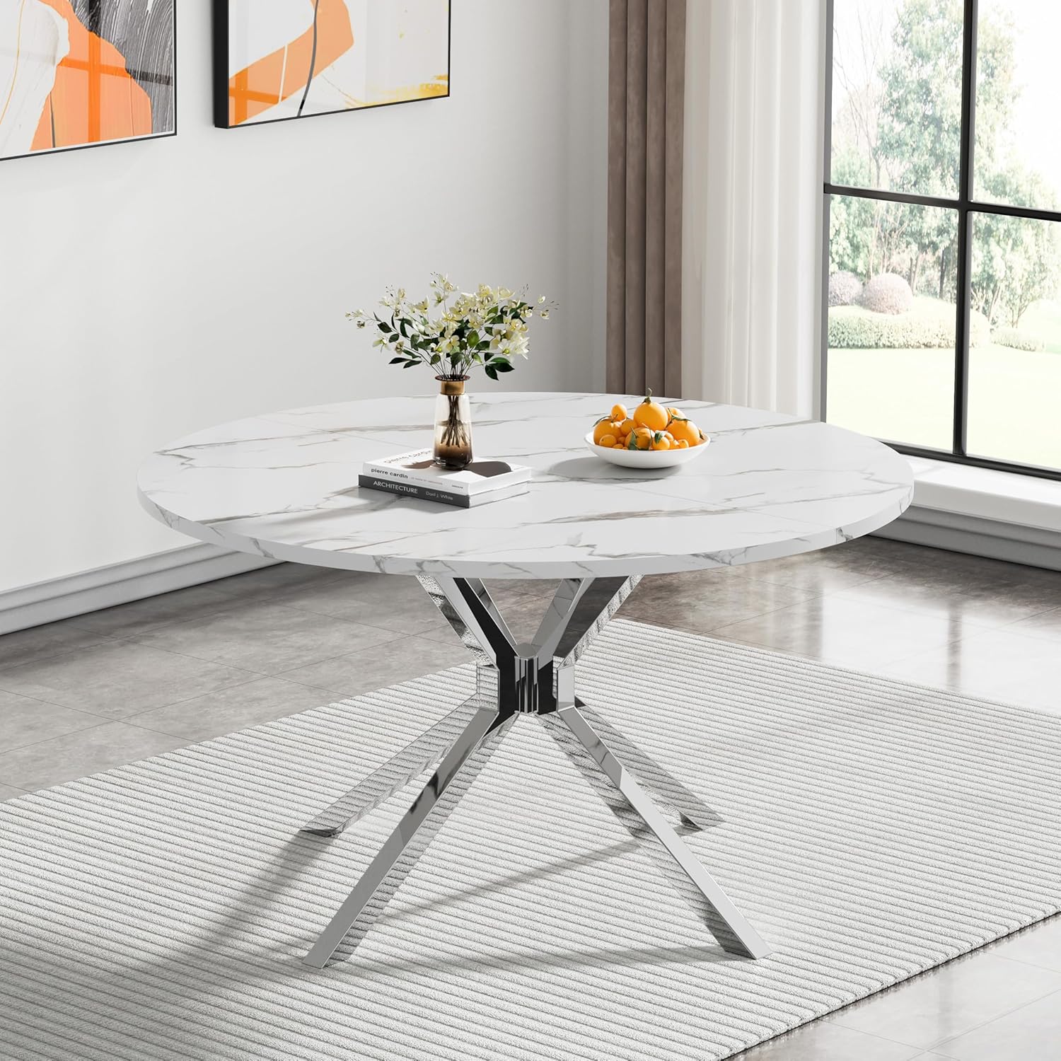 Round Faux Marble Dining Table for 4-6 Modern 47.2" Kitchen Table with Silver Stainless Steel Cross Legs Circle Dinner Table for Dining Room Living Room Apartment
