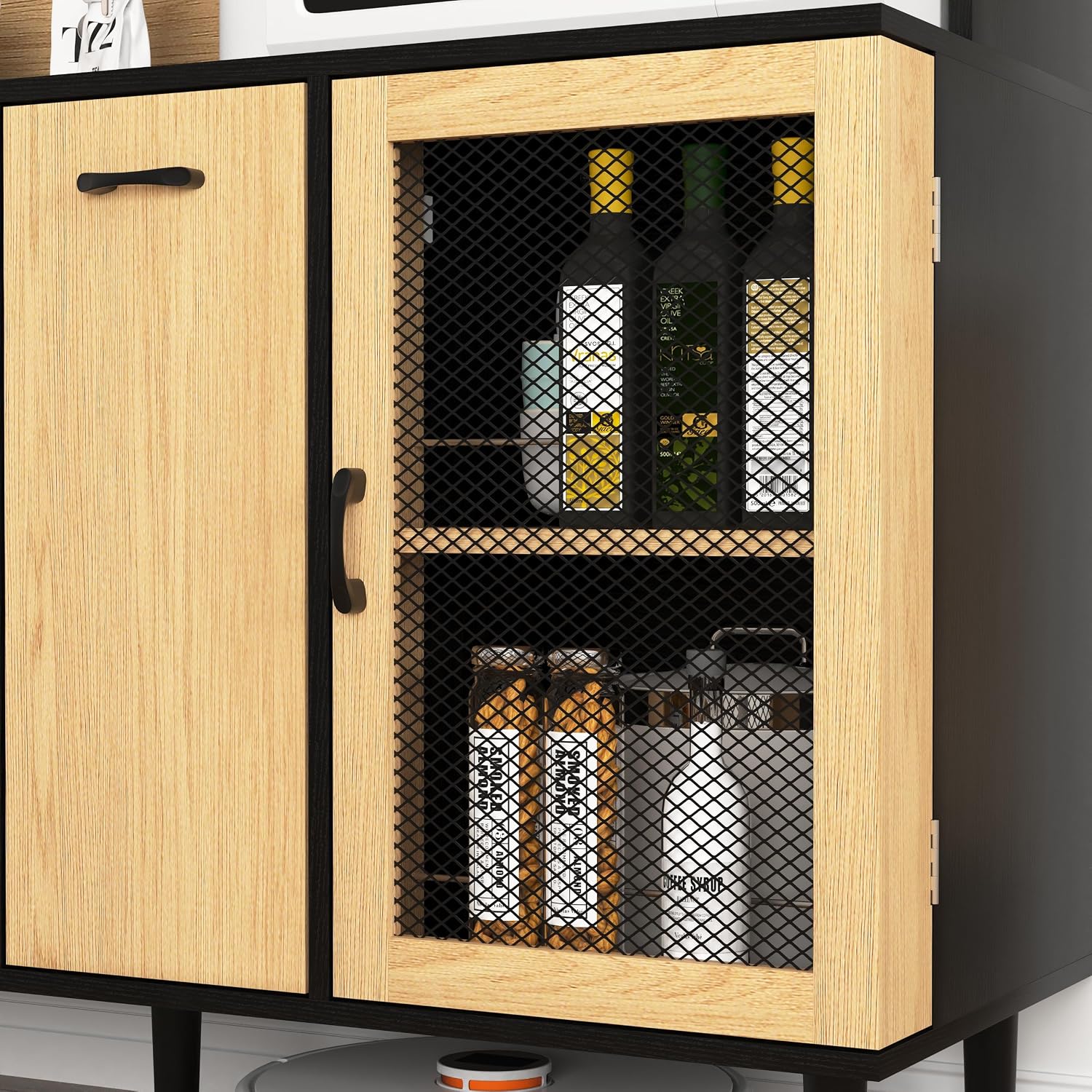 Farmhouse Buffet Sideboard Cabinet with Power Outlet & Wine Rack -59" Height, Coffee Bar Cabinet with Storage Door for Kitchen Pantry Living Room