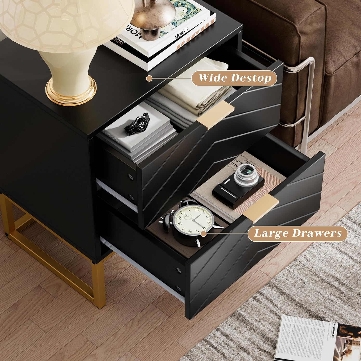 Black Nightstands Set of 2 Modern Night Stand Set 2 with 2 Drawers for Bedroom Bedside Night Tables with Gold Handles Side End Table with Gold Matel Legs