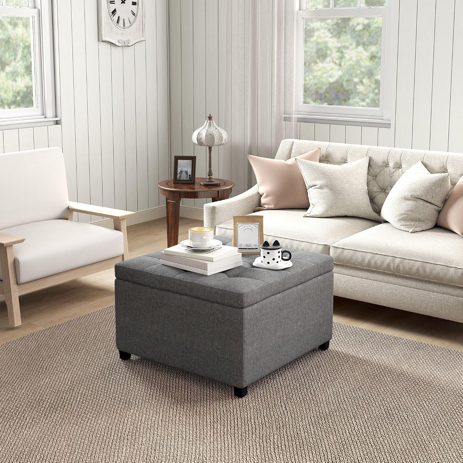 31x26x17inch 450lb Premium Quality Tufted Cotton Storage Ottoman LiftTop Standard Metal Hinge Premium Rubberwood FFor rame Gray