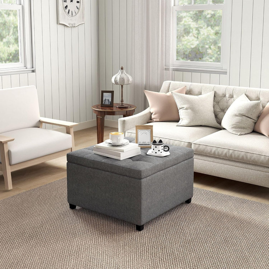 31x27x18inch 500lb Premium Quality Tufted Leather Storage Ottoman LiftTop Superior Metal Hinge Crafted Rubberwood FFor rame Beige