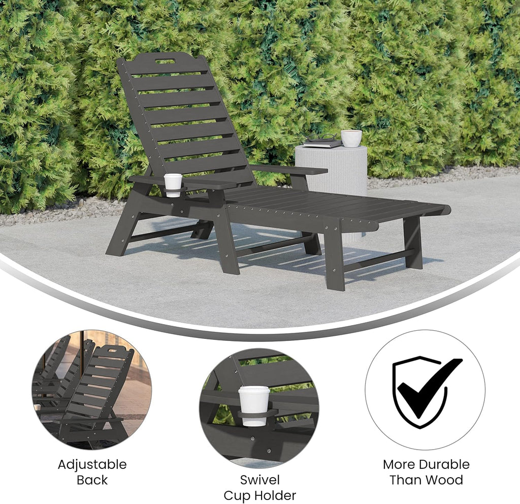 Taylor & Logan Edgley Adjustable Adirondack Lounger with Cup Holder- All-Weather Indoor/Outdoor HDPE Lounge Chair in Gray