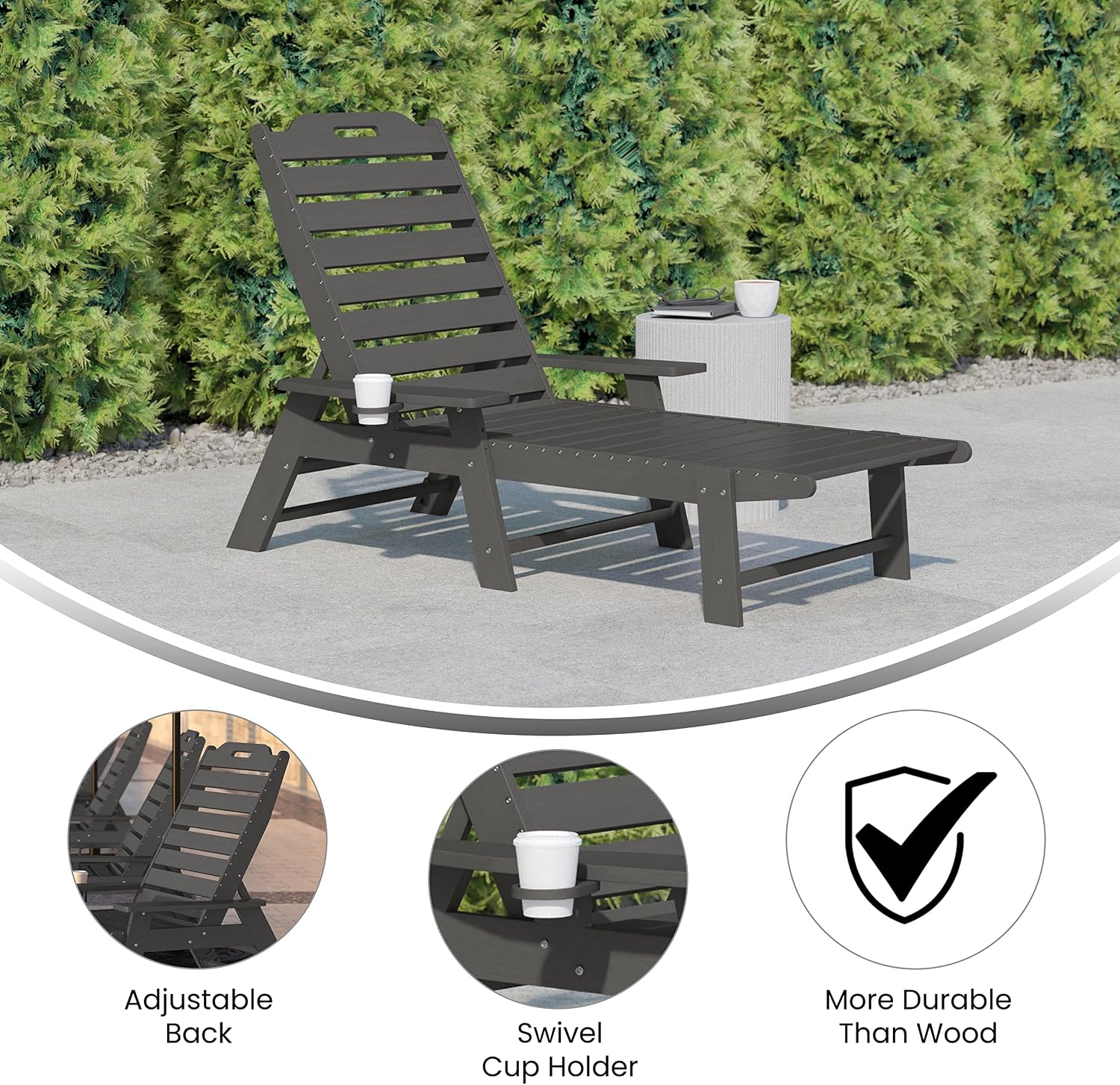 Taylor & Logan Edgley Adjustable Adirondack Lounger with Cup Holder- All-Weather Indoor/Outdoor HDPE Lounge Chair in Gray