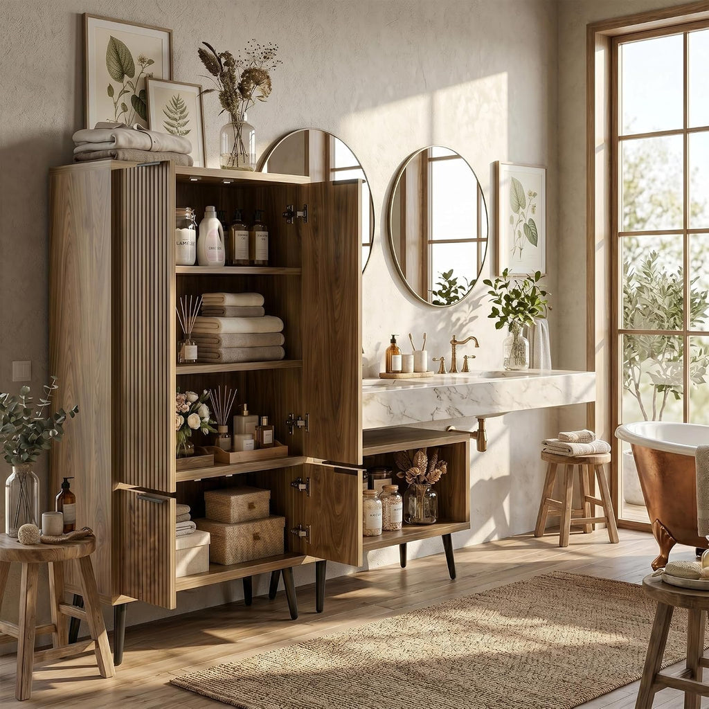 Pantry Cabinet with 4 Doors, 51.2" H Freestanding Bathroom Storage Cabinet, Adjustable Shelf & Raised Legs for Bathroom, Kitchen, Living Room, Yellow Oak