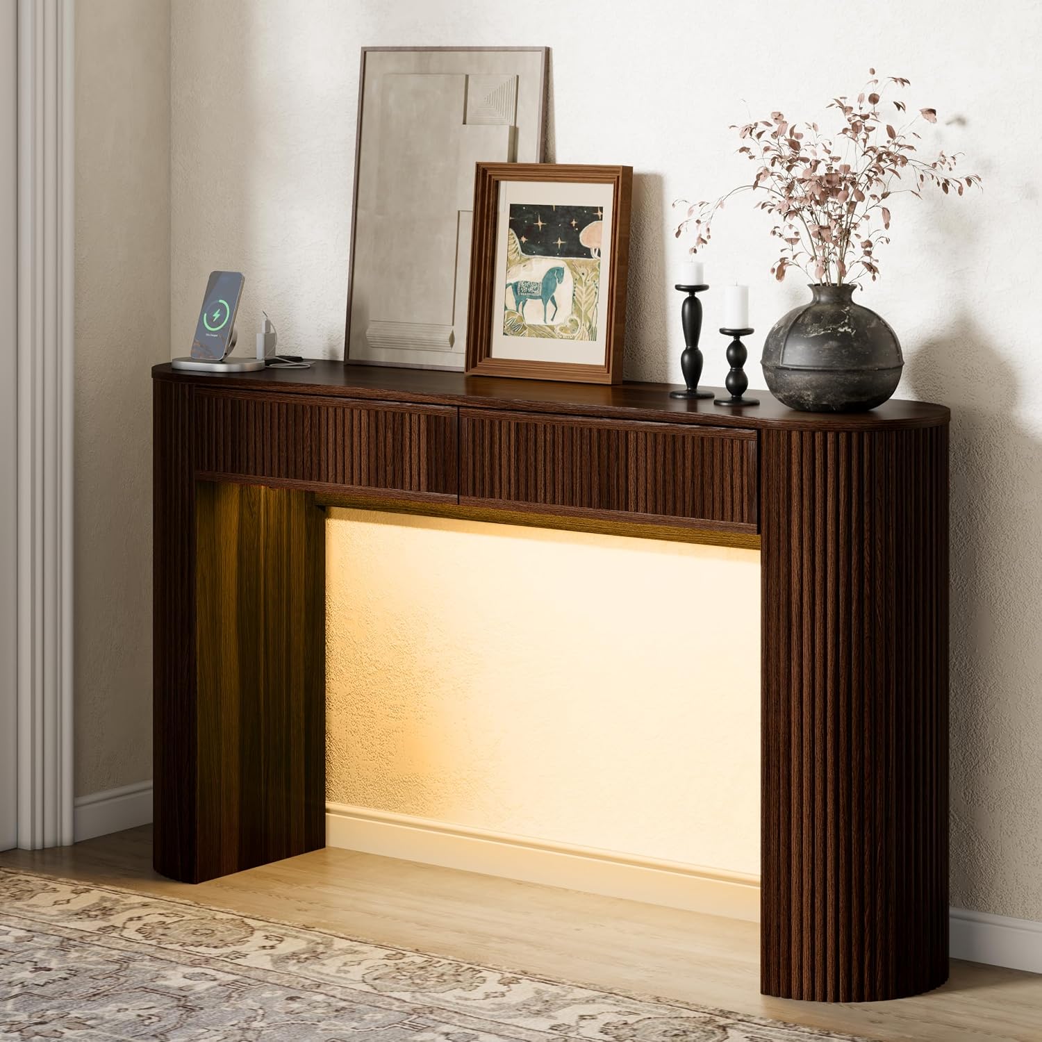 55" Fluted Console Table with 2 Drawers & LED Lights,Entryway Tables with Charging Station,Narrow Sofa Table Behind Couch,Mid-Century Modern Foyer Table for Entryway, Hallway, Living Room(Walnut)