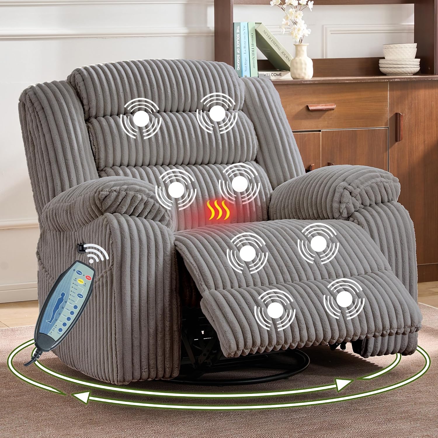 Oversized Power Swivel Rocker Recliner for Living Room, Extra Wide Nursery Rocking Chair with Vibration Massage and Heat, USB & Type-C Charging Port and Cup Holder for Adults, Grey