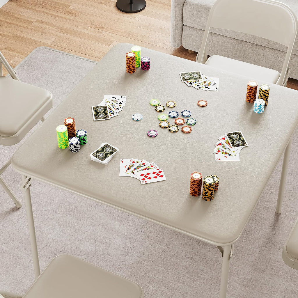 Folding Portable Card Table and Foldable Chair Set of 5, Pu Upholstered Foldable Chairs and Table With Metal Frame, Folding Table and Chair Suitable for Dining Room, Living Room, Office, Camping-Beige