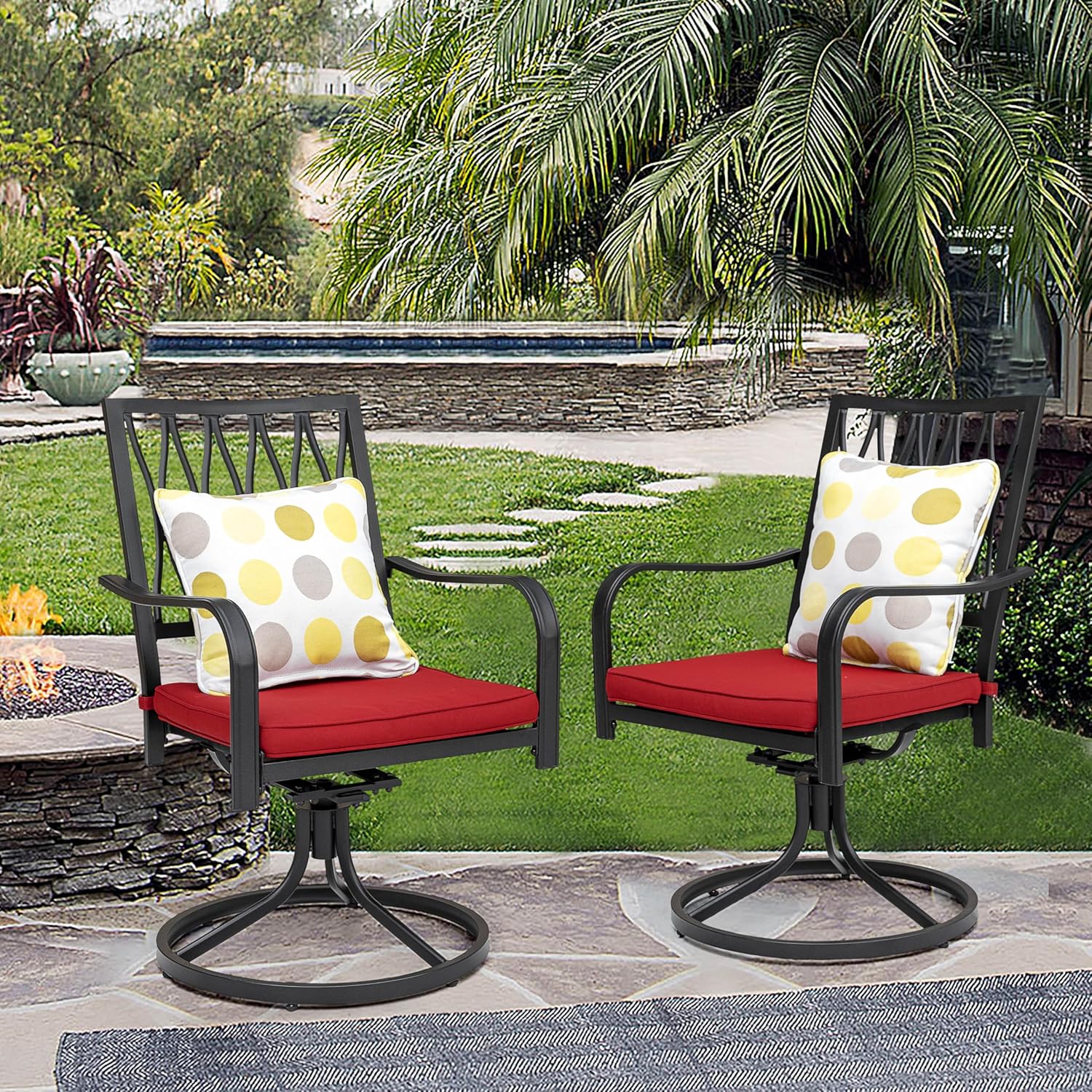 NUU GARDEN Patio Dining Chairs, Swivel Patio Chairs Set of 2 All-Weather Outdoor Rocker Chairs with Red Cushion for Outdoor Garden Lawn Backyard, Black