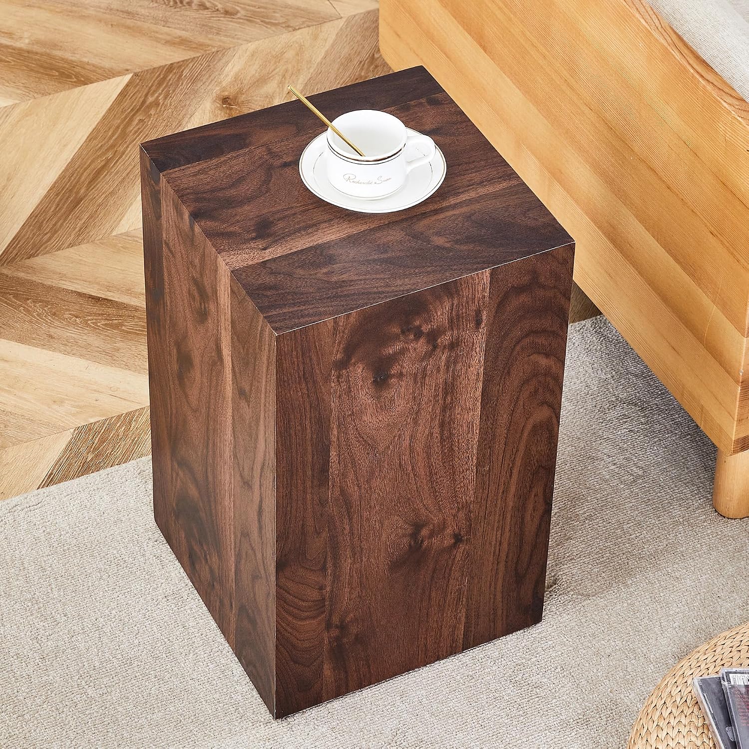 Modern Walnut Wooden End Table for Living Room, MDF Construction Square Sofa Side Table Small Nightstand for Home Apartment, 12 x 12 x 20 Inch, Easy to Clean, Non-Slip Feet Pad