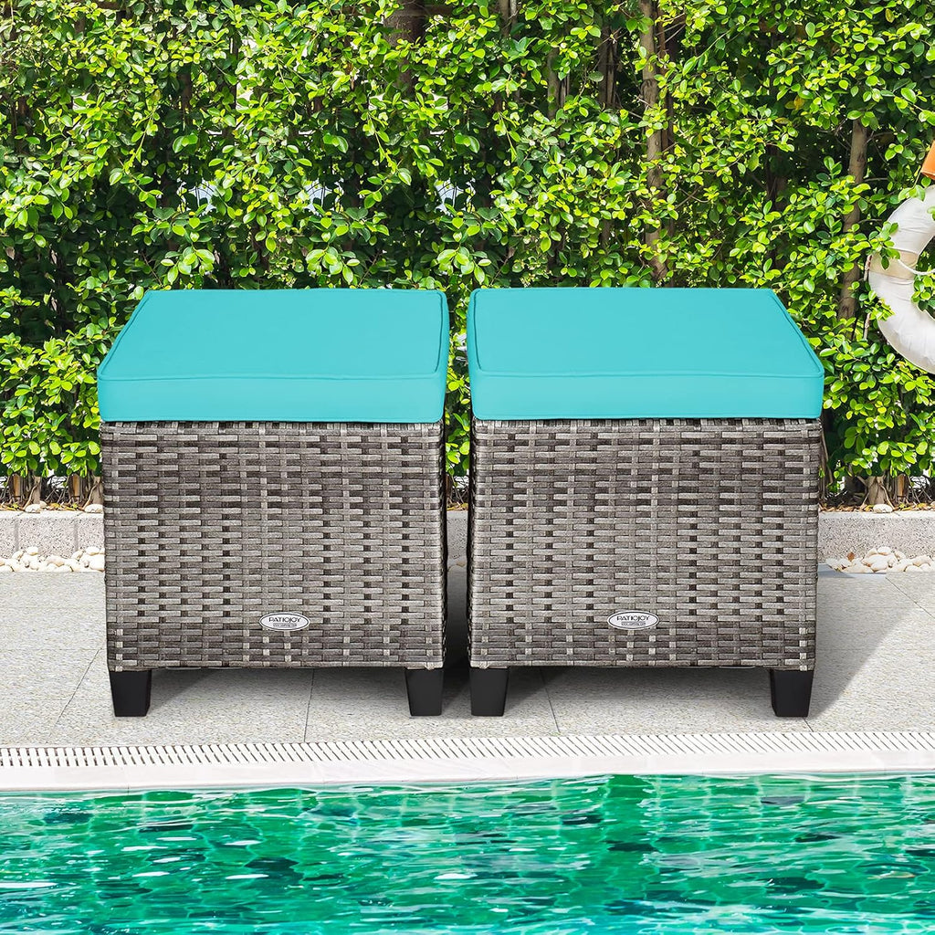 COSTWAY Set of 2 Wicker Ottomans, Outdoor 3-in-1 All Weather Rattan Foot Rest, Side Table, Additional Seating with Removable Seat Cushions and Steel Frame for Patio, Deck, Backyard, Porch (Turquoise)