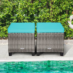 COSTWAY Set of 2 Wicker Ottomans, Outdoor 3-in-1 All Weather Rattan Foot Rest, Side Table, Additional Seating with Removable Seat Cushions and Steel Frame for Patio, Deck, Backyard, Porch (Turquoise)
