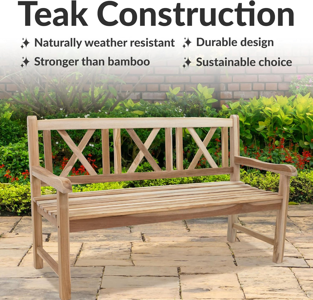 Sunnydaze 2-Person Outdoor Bench for Front Porch or Park - Wooden Teak Patio Garden Bench with Backrest - 675 lb Weight Capacity - Crossback