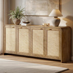 Evermagin 67" Rattan Buffet Cabinet with Storage, Boho Sideboard Cabinet with 4 Doors, Large Credenza Sideboard Buffet for Living Room, Hallway and Kitchen, Caramel Oak