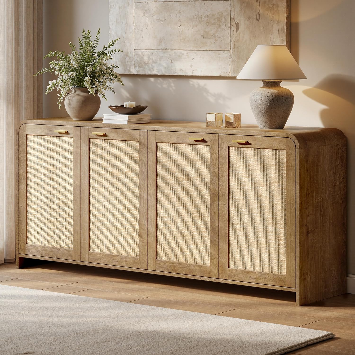 Evermagin 67" Rattan Buffet Cabinet with Storage, Boho Sideboard Cabinet with 4 Doors, Large Credenza Sideboard Buffet for Living Room, Hallway and Kitchen, Caramel Oak