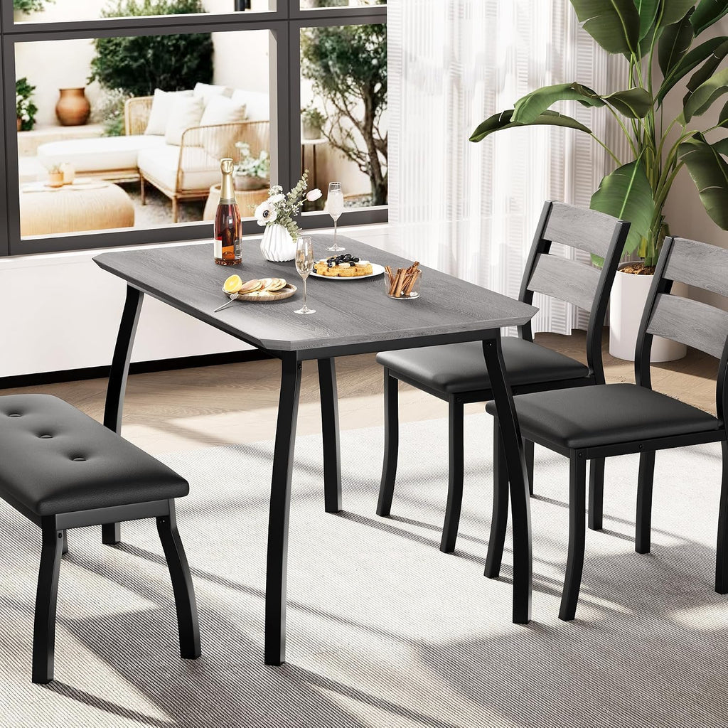 IDEALHOUSE 43'' Dining Table Set for 4, Wooden Kitchen Table with Upholstered Bench & 2 Cushion Chairs, Industrial Dinette Set for Studio, Kitchen, Dining Room, Apartment, Gray