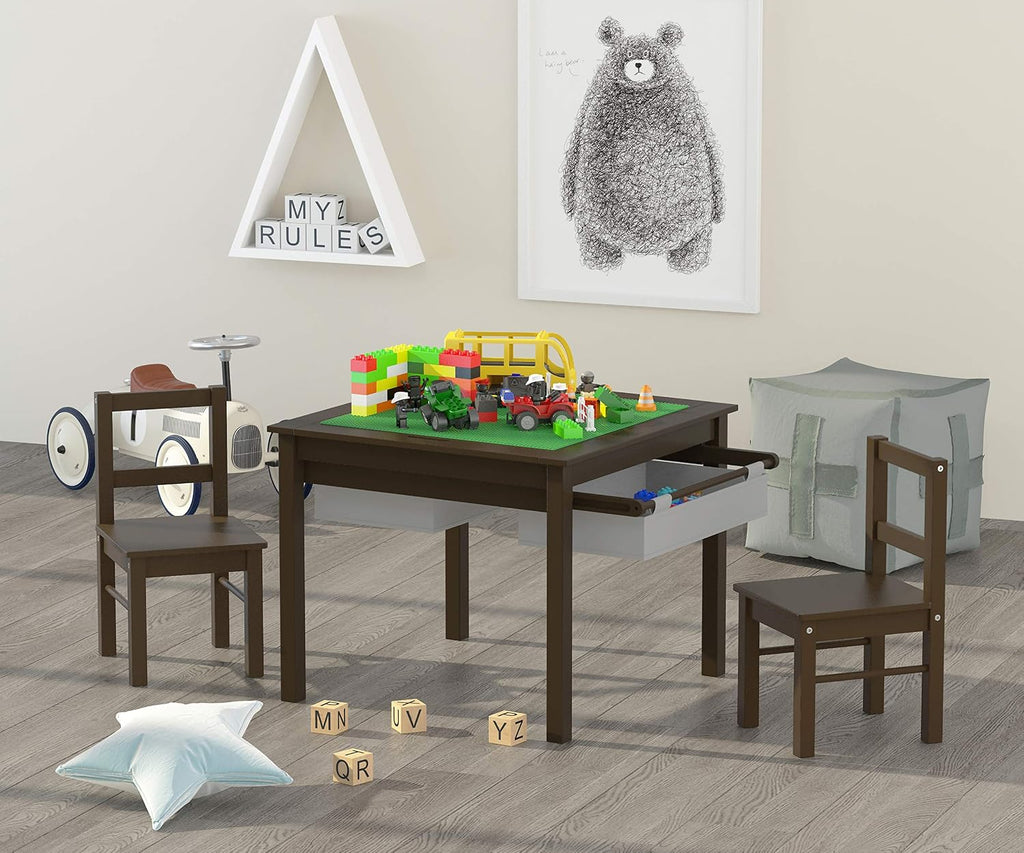 UTEX 2 in 1 Kids Construction Play Table and Chair Set with Storage Drawers | Wooden Kids Building & Activity Table with Storage, Water-based Paint Finish, Built in Plate Compatible with Lego and Duplo B