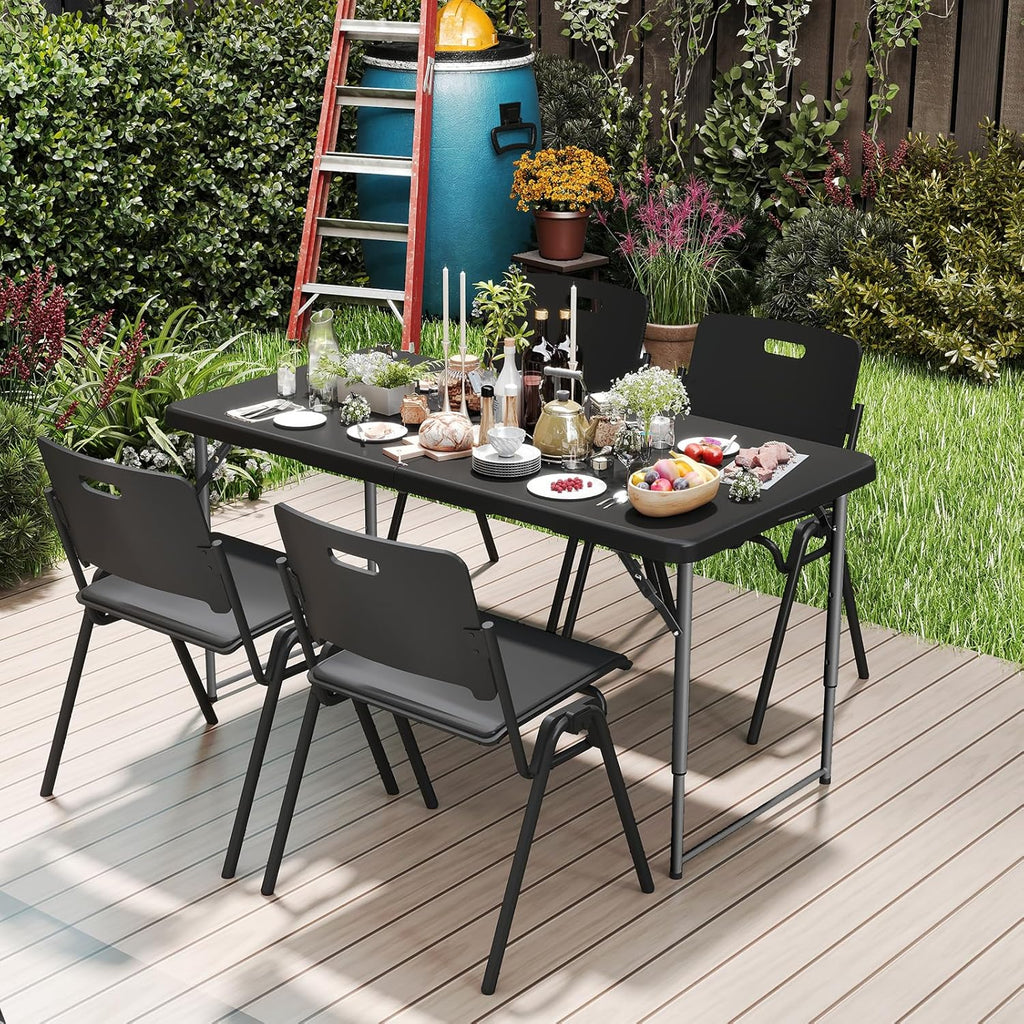 Folding Table 4 Foot Portable Heavy Duty Plastic Fold-in-Half Utility Table Small Indoor Outdoor Adjustable Height Folding with Carrying Handle, Camping and Party Black