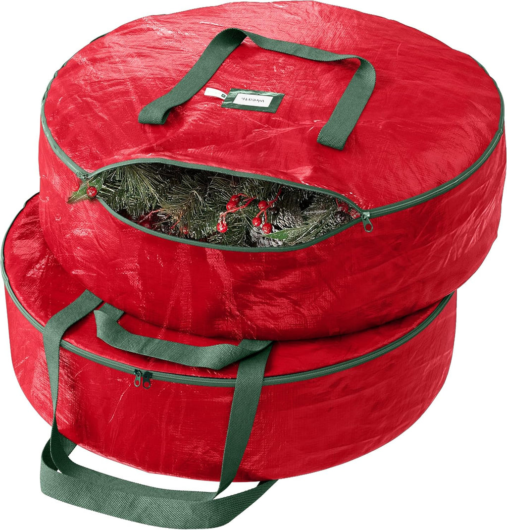 Heavy Duty Wreath Storage Bag 30 Inch, 2-Pack - Christmas Wreath Storage Container Red - Waterproof Plastic Material Wreaths Holder Storages - Holds 30 Inch Wreaths For Year Round