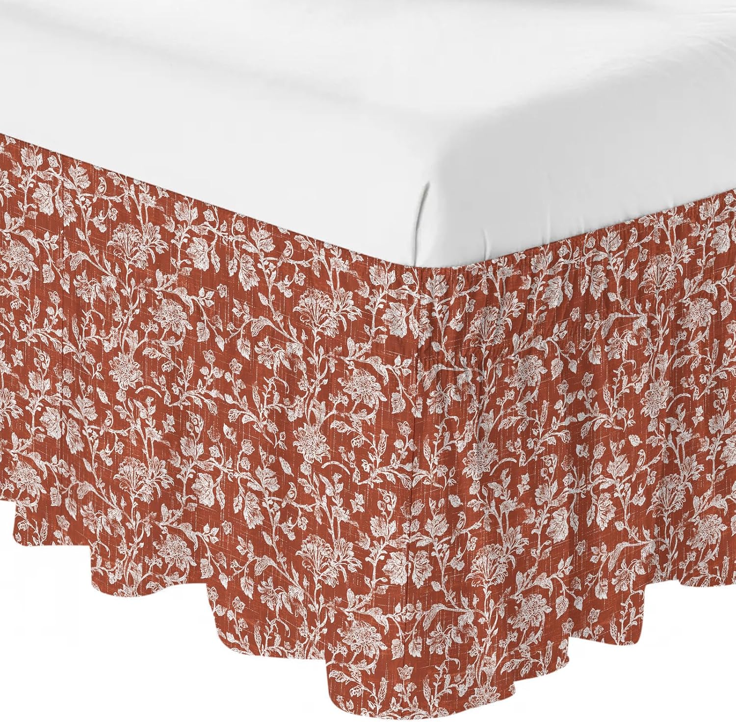 Botanical Rose Bed Skirt Queen Size 16 Inch Drop, Elastic Wrap Around Bed Skirts Pleated Dust Ruffles for Twin Full Queen Cal King Base Bed, Vintage Terracotta Orange Floral Leaf Farmhouse