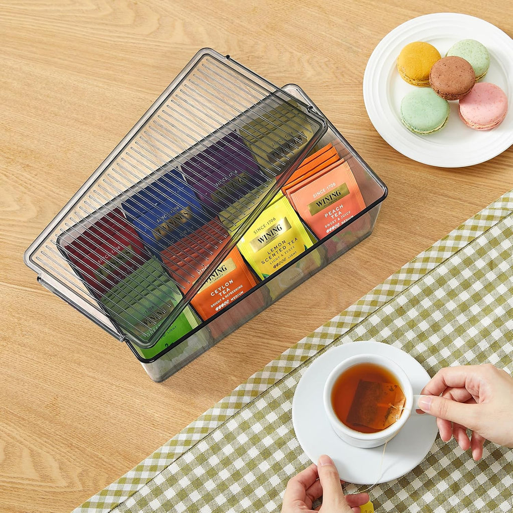 Lifewit Tea Bag Organizer with lids, Plastic Teabag Box with 16 Compartments, Stackable Divided Storage Containers for Cabinet, Pantry, Countertop, Sugar Packets, Black, 29 cm/11.5 inch L, 2 Pack