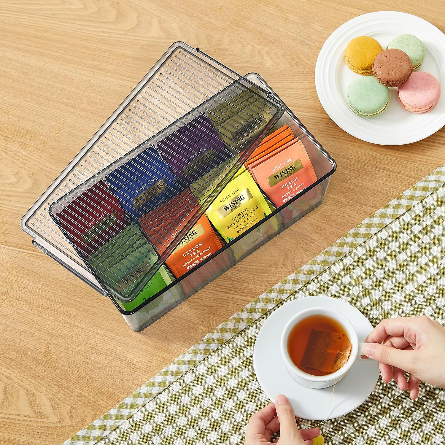 Lifewit Tea Bag Organizer with lids, Plastic Teabag Box with 16 Compartments, Stackable Divided Storage Containers for Cabinet, Pantry, Countertop, Sugar Packets, Black, 29 cm/11.5 inch L, 2 Pack